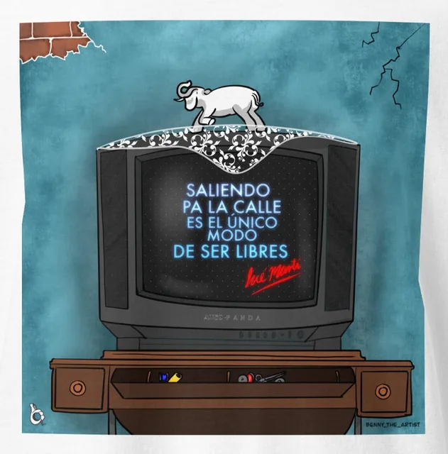 Un televisor viejo con la frase salir a la calle es el unico modo de ser libres