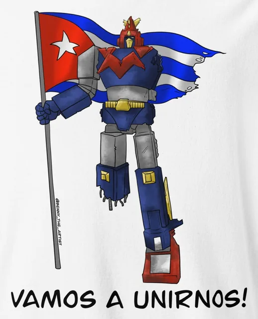 Un robot gigante sosteniendo la bandera de Cuba